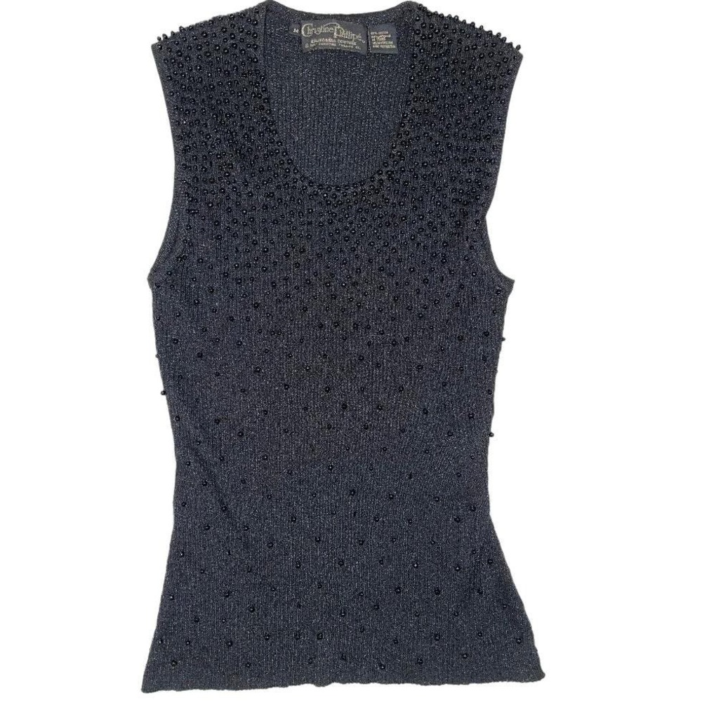 Christine Phillipe Vintage 90s Beaded Metallic Knit Shell Top Black Silver Med‎